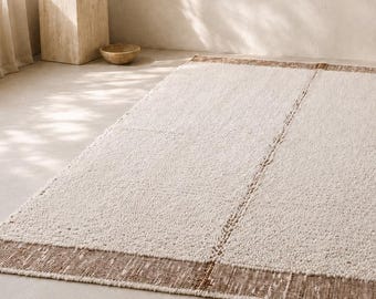 8x10 Ivory Moroccan Wool Rug: Hand Knotted Brown Border, Custom Size