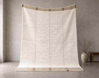 8x10 Moroccan Ivory Wool Rug: Handmade Berber Textured Carpet, Minimal Custom Size