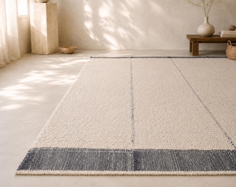 8x10 Ivory Wool Rug: Hand Knotted Minimal Navy Blue Grid, Custom Size