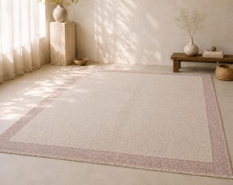 8x10 Wool Mohair Area Rug: Ivory Minimal Pink Border, Custom Size