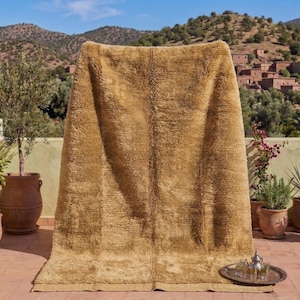 Peut inclure: Un grand tapis brun doré à surface texturée est présenté à l'extérieur. Le tapis est drapé sur une balustrade, avec un plateau et des plantes dans des pots en terre cuite au premier plan. L'arrière-plan présente une vue panoramique sur les montagnes et un village.