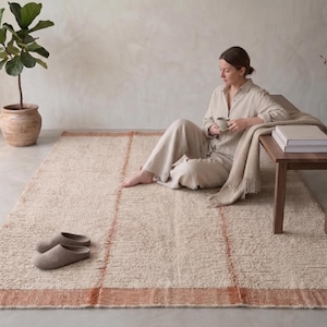 Moroccan Wool Rug With Ivory and Terracotta Border, Handwoven Custom Size