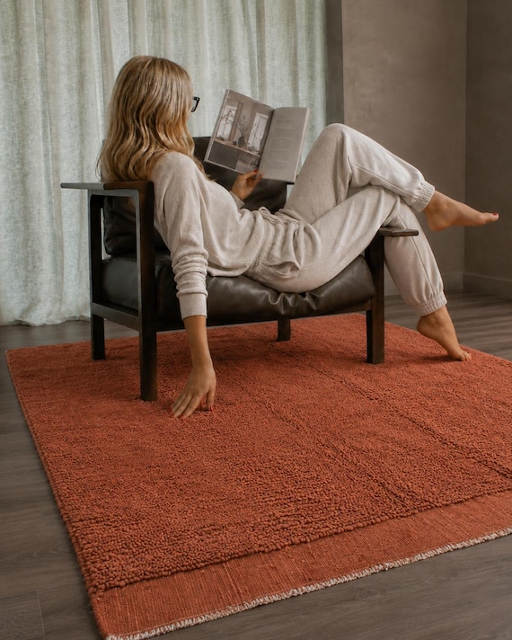 200x300 Handgewebter Marokkanischer Terrakotta Wollteppich: Beni Ourain Boho Teppich