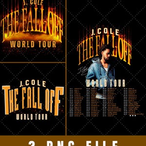 Op de afbeelding: Een digitale grafische set met de branding van J. Cole The Fall Off World Tour. Eén ontwerp toont vurige tekst, een ander bevat een portret van J. Cole in een spijkerjas met tourdata, en de derde toont de tourtitel in vetgedrukte oranje letters.