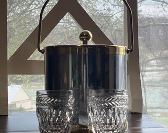Vintage Kraftware Hollywood Regency Ice Bucket with 2 Godinger “Symphony” Double Old Fashioned Glasses