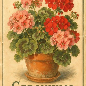 Puede incluir: Ilustración botánica vintage de geranios en una maceta de terracota. La imagen presenta flores rojas y rosas vibrantes con follaje verde. La palabra "GERANIUMS" está impresa en verde en la parte inferior.