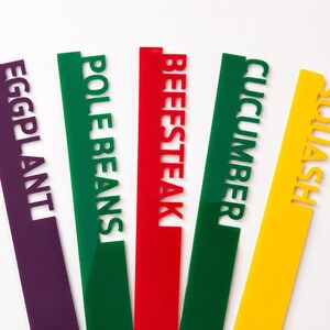 May include: Five colorful garden markers in purple, green, red, green, and yellow. Each marker has a different vegetable name cut out: Eggplant, Pole Beans, Beefsteak, Cucumber, and Squash. The markers are angled against a white background.