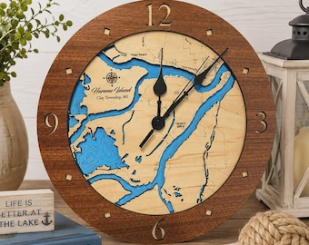 Personalized Lake Map Clock, Custom Wooden Lake Clock, Laser Cut Lake House Decor, Lake Gaston