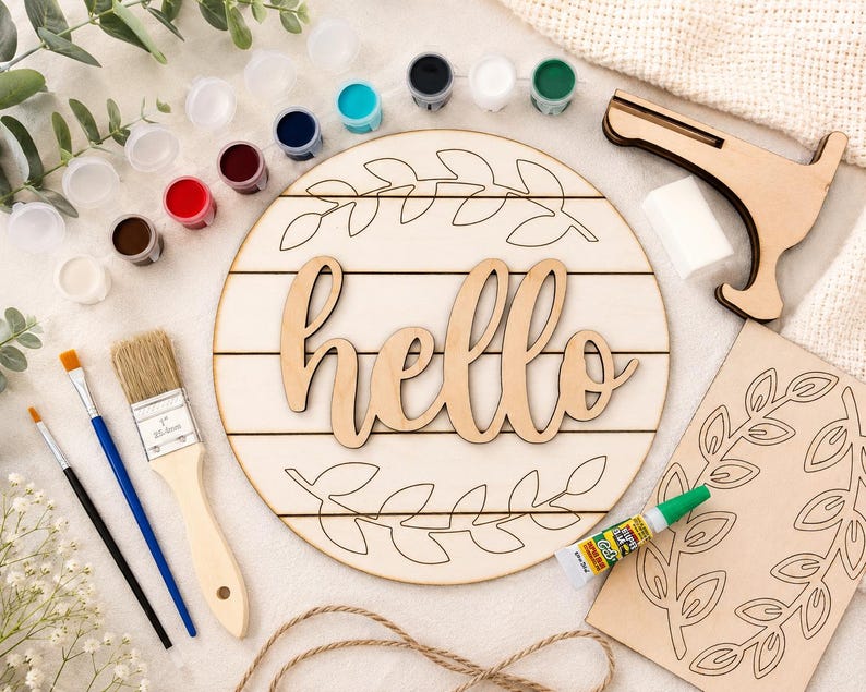 May include: A craft kit with a wooden sign that says "hello", surrounded by a leaf design. It includes paint pots in various colours, paintbrushes, glue, and a wooden stand. Ideal for home decoration projects.