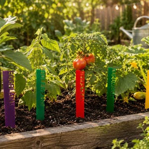May include: A garden bed with various plants and colorful plant markers. The markers, labeled "Eggplant", "Pole Beans", "Tomato", "Cucumber", and "Squash", are in purple, green, red, green, and yellow. The garden is lush with greenery and sunlight.