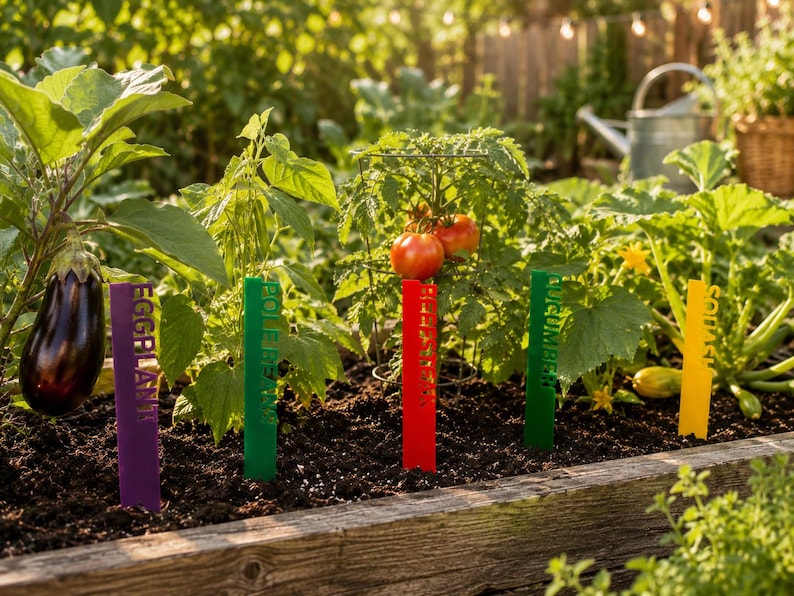 May include: A garden bed with various plants and colorful plant markers. The markers, labeled "Eggplant", "Pole Beans", "Tomato", "Cucumber", and "Squash", are in purple, green, red, green, and yellow. The garden is lush with greenery and sunlight.