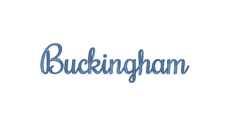 May include: The word Buckingham is written in a blue cursive script font. The letters are formed by dense embroidery stitching, creating a textured appearance for the text against a plain white background.
