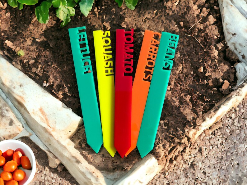 May include: A collection of colorful garden markers, each labeled with a different vegetable: lettuce, squash, tomato, carrots, and beans. The markers are green, yellow, red, orange, and green, and are arranged in the soil.