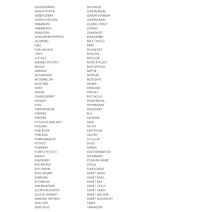 May include: A list of various vegetables, herbs, and fruits, including peppers, herbs, and squash. The text is arranged in two columns on a white background. The list includes items like kale, onion, and lavender.