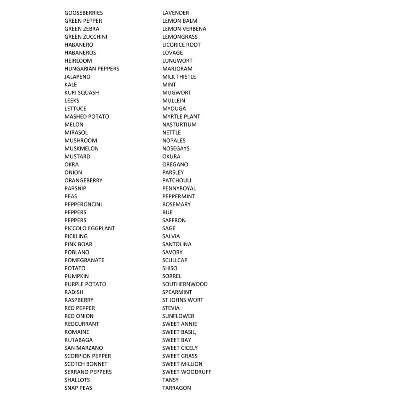 May include: A list of various vegetables, herbs, and fruits, including peppers, herbs, and squash. The text is arranged in two columns on a white background. The list includes items like kale, onion, and lavender.
