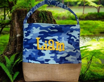 Personalized Blue Camo Easter Tote – Burlap Basket, Embroidered Name
