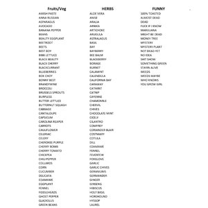 May include: A white list of fruits, vegetables, herbs, and funny phrases. The text is organized into three columns. The list includes items like asparagus, basil, and "almost dead."