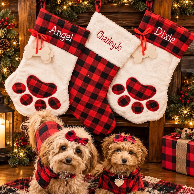 May include: Three Christmas stockings with red and black buffalo plaid cuffs and white faux fur. Two stockings feature paw prints and bone-shaped tags with the names Angel and Dixie. The center stocking is plaid with the name CharleyJo.
