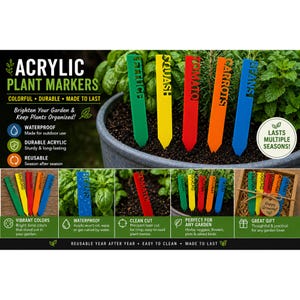 May include: Colorful acrylic plant markers in green, yellow, red, orange, and blue, labeled "Lettuce", "Squash", "Tomato", "Carrots", and "Beans". These markers are waterproof, durable, and reusable for organizing your garden.
