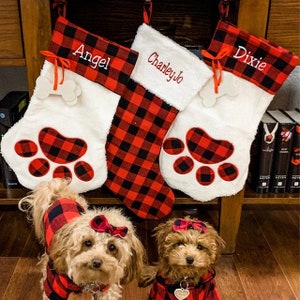 Personalized Dog stockings - Buffalo plaid family stockings - Dog lovers gift