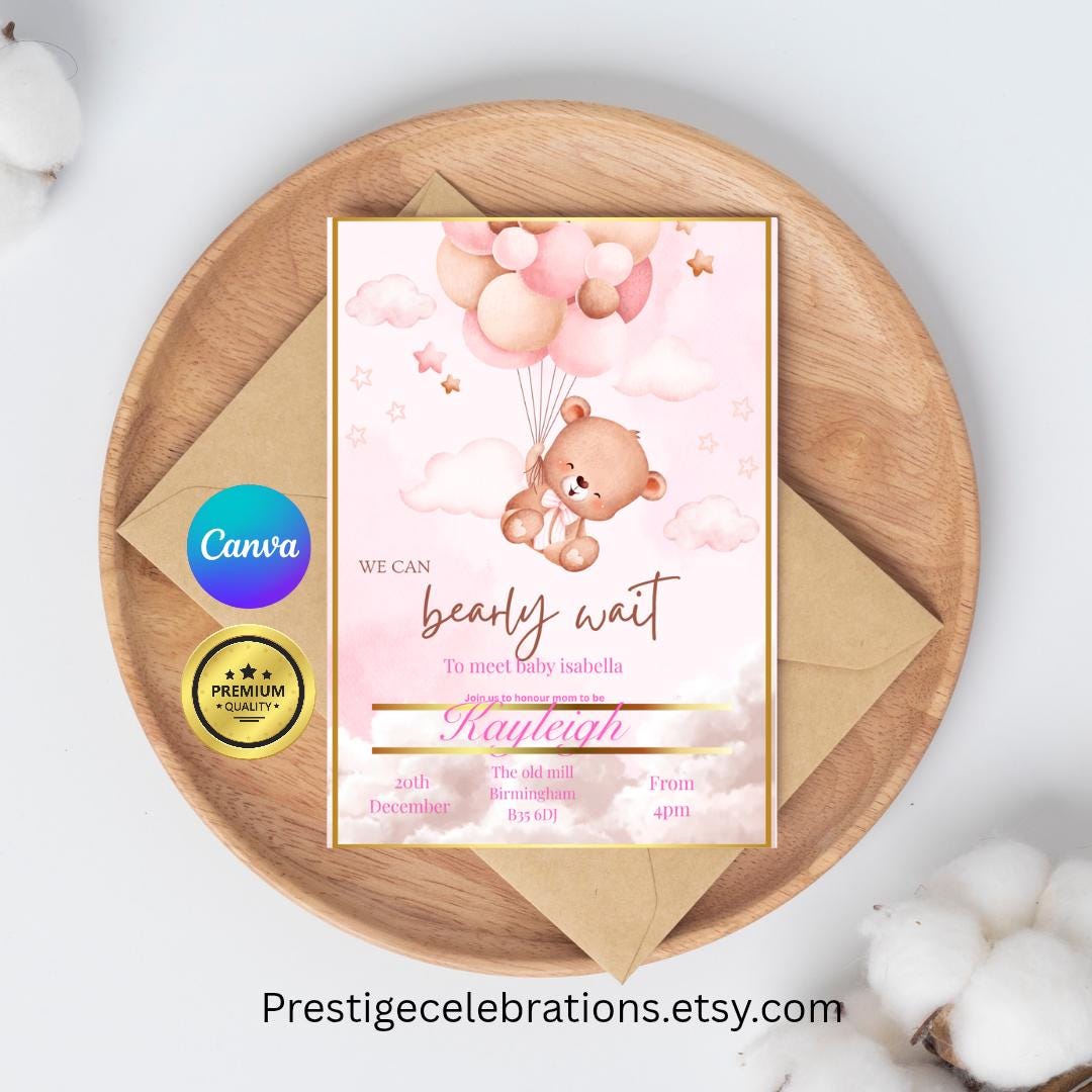 Pink Teddy Bear Baby Shower Invitation, Editable Canva Template ...