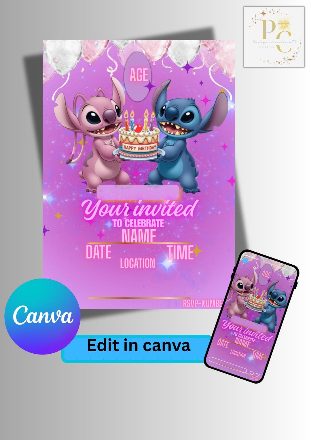Editable Cartoon Alien Birthday Invitation Canva Template, Stitch ...