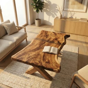Live Edge Walnut Coffee Table – Solid Wood Rustic Modern Slab Table – Handmade Natural Wood Living Room Centerpiece Table