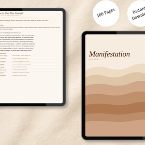 May include: Two digital tablets displaying a manifestation journal. One tablet shows the journal's interior with text, while the other displays the cover with the title "Manifestation Journal" and a crescent moon design. The journal is advertised as having 100 pages and being an instant download.