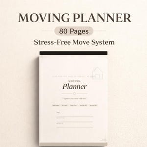 Peut inclure: Un planificateur de déménagement avec le texte "MOVING PLANNER" en haut. Le planificateur contient 80 pages et un "Stress-Free Move System". La couverture du planificateur porte le mot "Planner" et la phrase "Organize your move with ease."