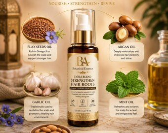 BA Natural Egyptian Oils per rinforzare le radici dei capelli, miscela di oli di semi di lino, argan, aglio, menta e mandorle dolci.