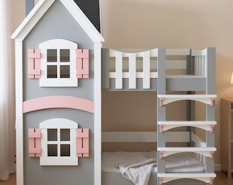 Dollhouse Bunk Bed for Kids | Wooden Bed with Opening Front Panel & Stairs | Custom Colors