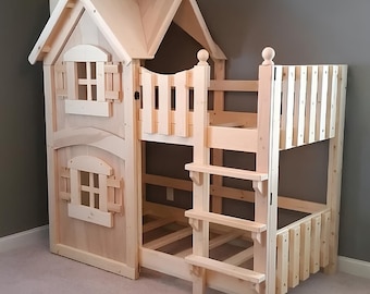 Maison de poupée lit superposé pour enfants | Lit en bois avec panneau frontal ouvrant et escalier | Couleurs personnalisées