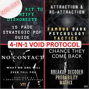 Può includere: Grafica promozionale con testo tra cui "50% OFF!", "Identify Dishonesty", "Attraction & Re-Attraction" e "4-IN-1 VOID PROTOCOL". L'immagine è divisa in quattro sezioni con sfondi scuri e testo bianco.