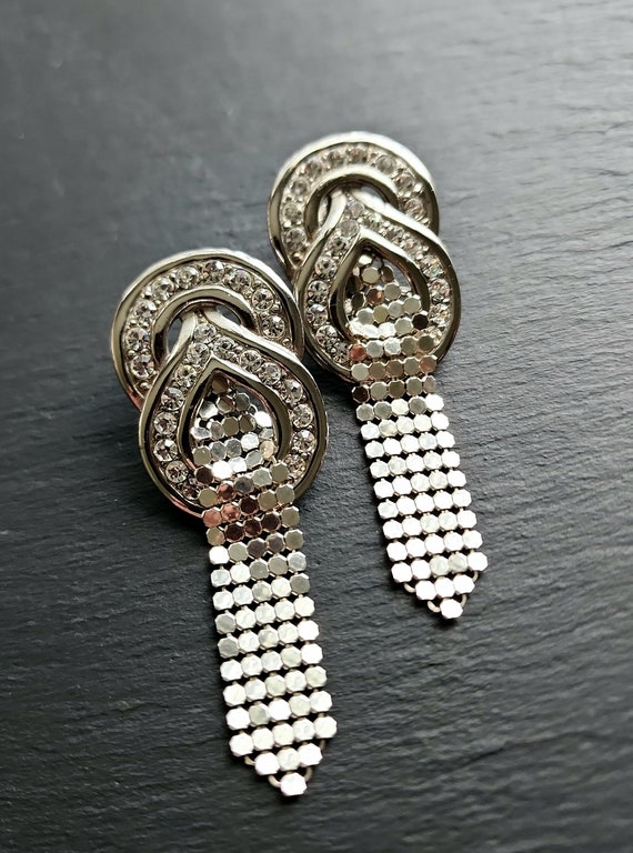 Vintage Rhinestone Mesh Screw-On Earrings, Silver 