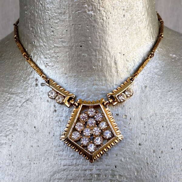 Moving Sale 50% Off Vintage Gold Rhinestone Necklace Hexagon Hollywood Style