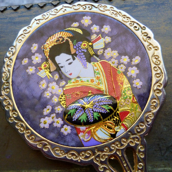 Moving Sale 50% Off Vintage Enamel Japanese Geisha Hand Mirror
