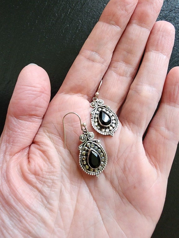Sterling Silver Onyx Gothic Teardrop Earrings, Ba… - image 4