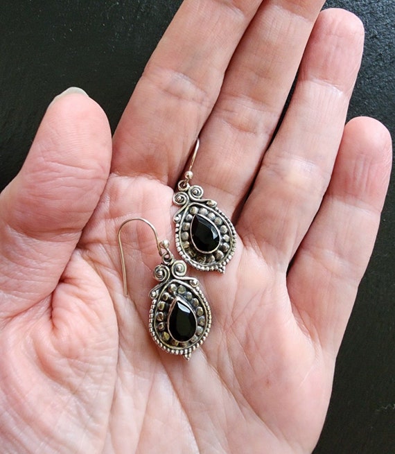 Sterling Silver Onyx Gothic Teardrop Earrings, Ba… - image 3