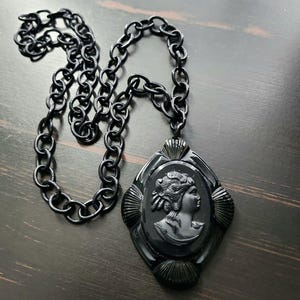 Vintage Black Victorian Cameo Gothic Mourning Necklace Carved Celluloid  Pendant