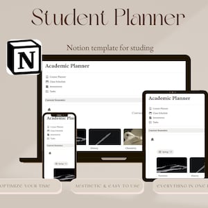 Puede incluir: Un planificador digital para estudiantes que se muestra en una computadora portátil, una tableta y un teléfono inteligente. Las pantallas muestran una interfaz de planificador académico con opciones para horarios de clases, tareas y trabajos. La imagen incluye el texto "Student Planner".