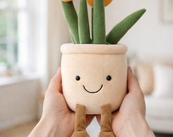 Op lachende tulpenplant geïnspireerde knuffel: zacht bloempotkarakter, gezellig decor van 33 cm