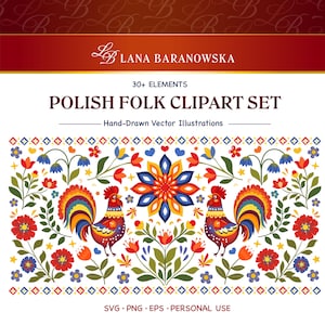 Puede incluir: Un conjunto de imágenes prediseñadas digitales con elementos de arte popular polaco. El diseño incluye ilustraciones coloridas de gallos, flores y patrones geométricos. El texto dice "Polish Folk Clipart Set" y "Hand-Drawn Vector Illustrations".