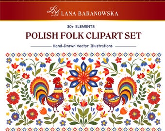 Set met Poolse volkskunstclipart, handgetekende volksbloemen, haan in volkskunststijl, Slavische bloemenclipart, SVG PNG EPS, printbare scrapbookelementen