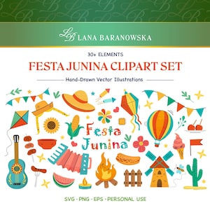 Puede incluir: Un colorido conjunto de imágenes prediseñadas de Festa Junina con más de 30 ilustraciones vectoriales dibujadas a mano. Incluye una guitarra, un acordeón, cometas y otros elementos festivos. El texto dice "Festa Junina".