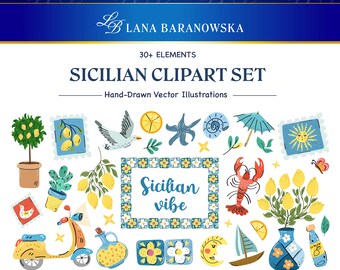 Siciliaanse clipartset, mediterrane zomer vectorillustraties, citroenen, zee, bloemen, Italië PNG SVG EPS