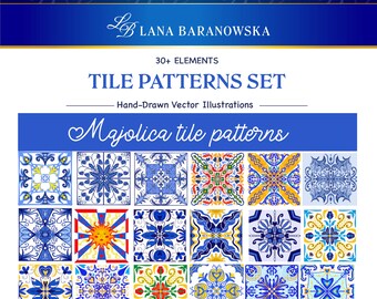 Bundel met naadloos blauwe tegelpatronen, digitale papiersoorten met mediterrane keramiek, Portugese Azulejo-achtergronden, printbare mozaïekvectorset + PNG