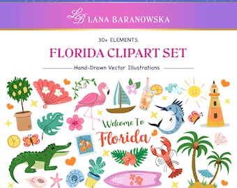 Florida Clipart Set, Tropische Zomer Vector Illustraties, Flamingo Palmboom Strand Kustelementen, Handgetekende PNG SVG EPS