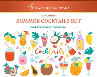 Zomerse cocktailset, handgetekende vectorafbeeldingen (PNG, SVG, EPS).