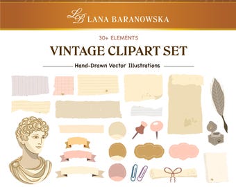 Vintage efemera clipartset, handgetekende papieren elementen, etiketten, linten, zegels, dagboekset, SVG PNG EPS