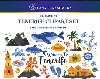 Zomerse zeereis naar Tenerife, handgetekende vectorafbeeldingen in PNG-, SVG- en EPS-formaat.